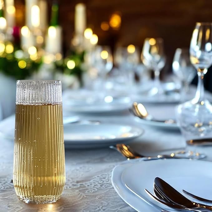 24 Pack Ribbed Origami Ripple Plastic Glasses, 12-9 Ounce Stemless Champagne Flutes & 12-12 Ounce Cups, BPA-Free Disposable Shatterproof Toasting Glasses for Weddings, Bars, and Events (Clear)