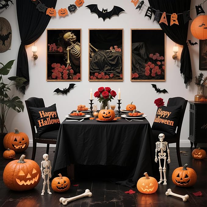 Aurlan Gothic Skeleton Roses Framed Wall Art(16"x24"), 3PCS Romantic Halloween Skull Flowers Canvas Artwork, Dark Moody Goth Mystical Creepy Decor for Home Office Bedroom