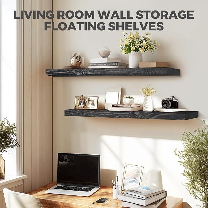 36"x6.8"x1.2" Solid Wood Floating Shelves 2-Pack - Rustic Black Finish with Hidden Brackets, Perfect for Storage and Décor in Living Room, Kitchen, Bedroom