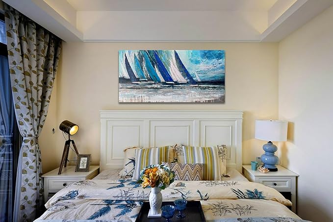 Arjun Blue Abstract Wall Art Canvas Teal Ocean Sailboat Picture Modern Turquoise Coastal Nautical Painting, Extra Large 58"x29" Framed Textured Artwork for Living Room Bedroom Home Office Wall Decor