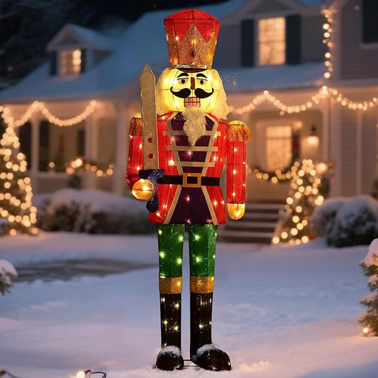 61Inch Nutcracker Christmas Decor Outdoor with LEDs 5 Feet Lighted Large Nutcracker Lighted Christmas Decorations Outdoor with Stakes & Zip Ties for Xmas Yard, Porch, Lawn