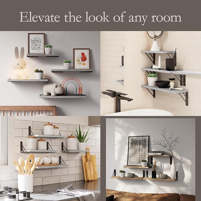 BAYKA Wall Shelves for Bedroom Decor, Floating Wall Shelves for Living Room Kitchen Storage, Wall Mounted Rustic Wood Floating Shelves for Kids Books, Corner Shelf for Bathroom(Gray White，Set of 4)