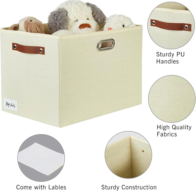 3-Pack Foldable Fabric Storage Bins with Durable PU & Metal Handles , Collapsible Storage Baskets for Shelves, Home Storage, Closet Organizers, Living Room(17"x11.8"x11.8", Beige)