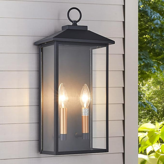 18 Inch Wall Light in Clear Glass and Textured Black and Golden Candle Cap Sleeve,Outdoor Lighting Wall Sconce,2-Light 120watts for House Doorway Garage,Bulb Not Included.
