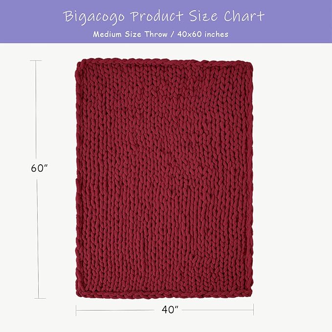 Bigacogo Chunky Knit Throw Blanket for Couch, 40x60 inches, 100% Hand Knitted with Thick Jumbo Chenille Yarn, Cozy Soft Large Rope Knot Cable Crochet Blankets for Sofa Bed Living Room, Red