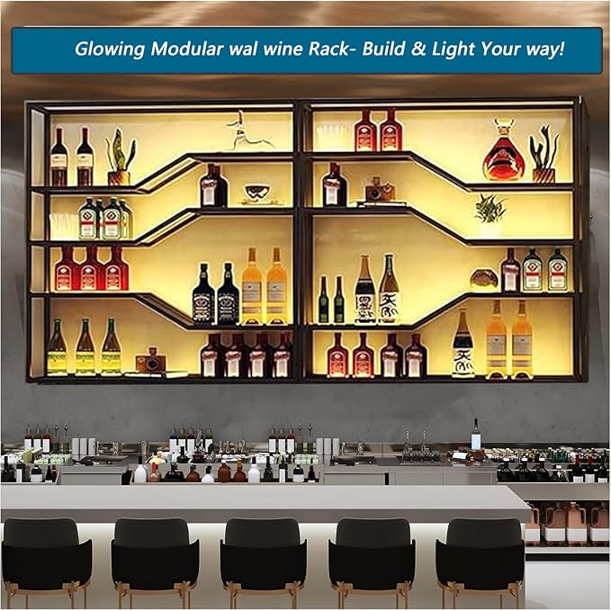 78.8in Wall Mounted Wine Rack with LED Light, 5-Tiers Liquor Bottles Display Shelf with Glasses Holder, Metal Home Bar Shelves with Industrial Iron Frame for Kitchen(Black, 78.8in/6.56ft)