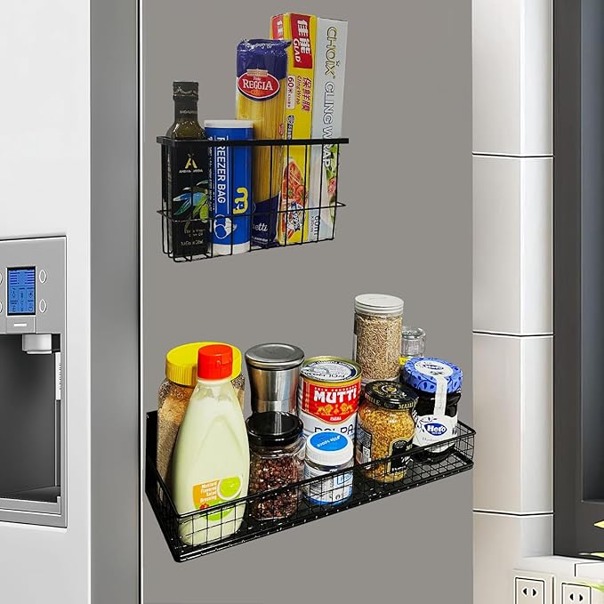 Bruda 2 Pack Magnetic Storage Rack for Spice, Magnetic Organization Shelf for Refrigerator, Fridge, Washing Machine, Oven, Coffee Maker, Metal Peg Board, Stacked Washer and Dryer 010