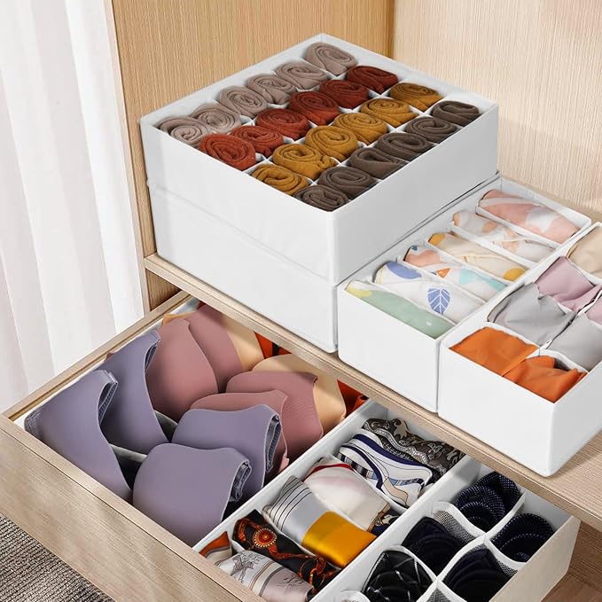 6 Pack Sock Underwear Drawer Organizer Dividers, 58 Cell Foldable Fabric Dresser Closet Organizers and Storage Bins for Clothing, Baby Clothes, Bra, Panty, Scarf, Ties (White)