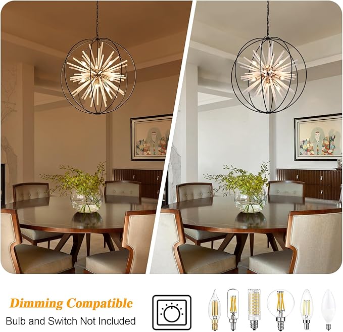 31.5" Black Gold 16-Light Globe Sputnik Chandelier Modern Industrial Adjustable Hanging Ceiling Pendant Light Fixture for Entryway Foyer Stairway Dining Living Room Hallway