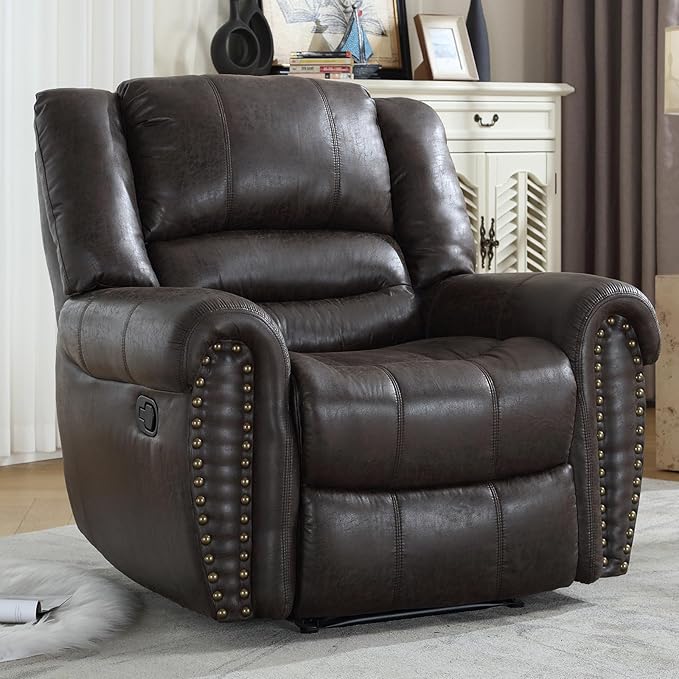 CANMOV Leather Recliner Chair, Classic and Traditional Manual Recliner Chair with Comfortable Arms and Back Single Sofa for Living Room, Dark Grey