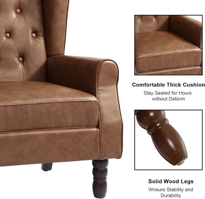 Accent Chair, Upholstered Armchair with Button Tufted High Back & Solid Wood Legs, Comfy Wingback Reading Single Sofa Chair for Small Spaces, Living Room, Bedroom (Leather Brown, Set of 2)