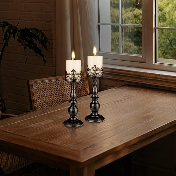 Candle Holders for Pillar Candles Gothic Matte Black Vintage Tall Candle Holders Set of 2 Decorative Large Table Centerpieces Candle Stand Decor (Distressed Black 2PCS A)