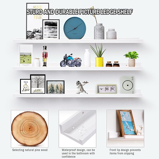AZSKY 36 Inch Floating Shelves with Ledge White Natural Wood Picture Ledge Shelf 3 Pack Floating Shelf Picture Frame Holder for Bedroom Bathroom Living Room Kitchen Same Sizes