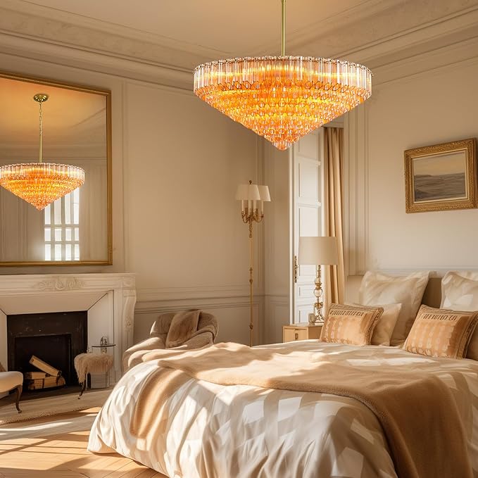 30" Modern Dining Room Chandeliers, 13-Light Amber Crystal Chandeliers, Dimmable Blown Glass Chandelier for Living Room, Round Glod Large Chandelier for High Ceiling, Bedroom, Entryway, Staircase