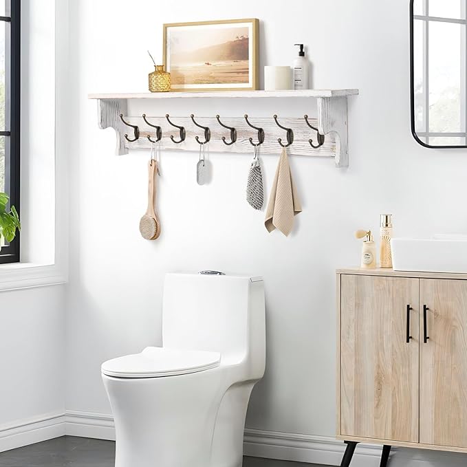 BECHAEO 35.8'' Wood Coat Rack Wall Mount with Shelf, White Wall Coat Rack with Hooks, Farmhouse Rustic Coat Hooks for Entryway Bathroom Hallway Kitchen Bedroom