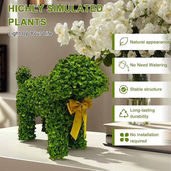 2 Pcs Artificial Bunny Shaped Topiary Trees, Artificial Green Boxwood Bunny Decorations with Gold Bow, Perfect for Indoor & Outdoor Front Porch, Easter& Garden Decor (Boxwood Dog Tree)