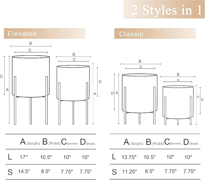 ARNIS Modern Planter Pots, Set of 2 Round Large Planters with Stand, Decorative Floor Planters, Metal Pots with Drainage Holes for Living Room, Office, Garden or Balcony, 8.25 &10.5 Inch, White & Gold