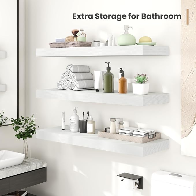 Heimlove 24 x 12 Inch Deep Floating Shelves Wall Mounted with Invisible Brackets,Storage Hanging Shelf for Wall Decor in Bathroom, Bedroom, Toilet, Kitchen, Living Room, Office Set of 2 (White)