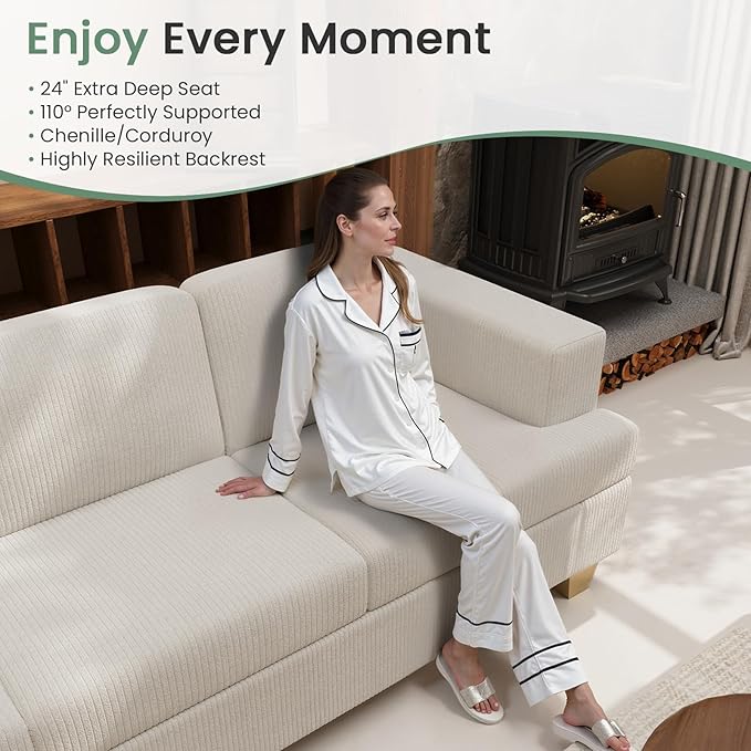 2 Pieces Corduroy Couch Set for Living Room, 6 Seats Cloud Sofa, Deep Seat Floor Couch for Bedroom, Futon Modern Sofa Bed, White Corduroy