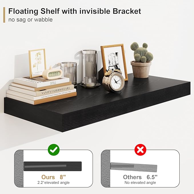 Heimlove 12" Deep Floating Shelves Black,Over Toilet Long Wall Mounted Modern Farmhouse 36 inches,Wall Shelves with Invisible Brackets for Bedroom, Bathroom, Living Room, Kitchen, Set of 1