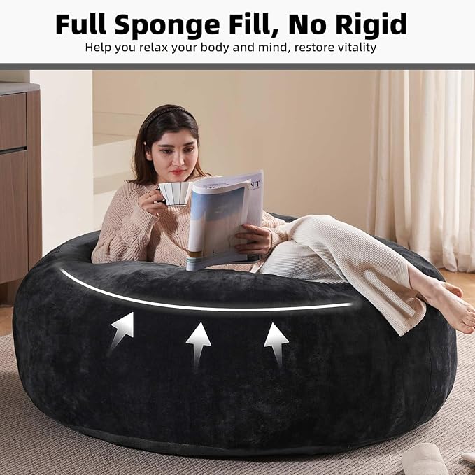 4FT Large Bean Bag Chairs,Big Adult Size Memory Foam Beanbags with Filler Included,Machine Washable Corduroy Cover,Ultra Soft Plush Gaming Bing Bag Puff Chair for Dorm, Living Room & Bedroom (Black)