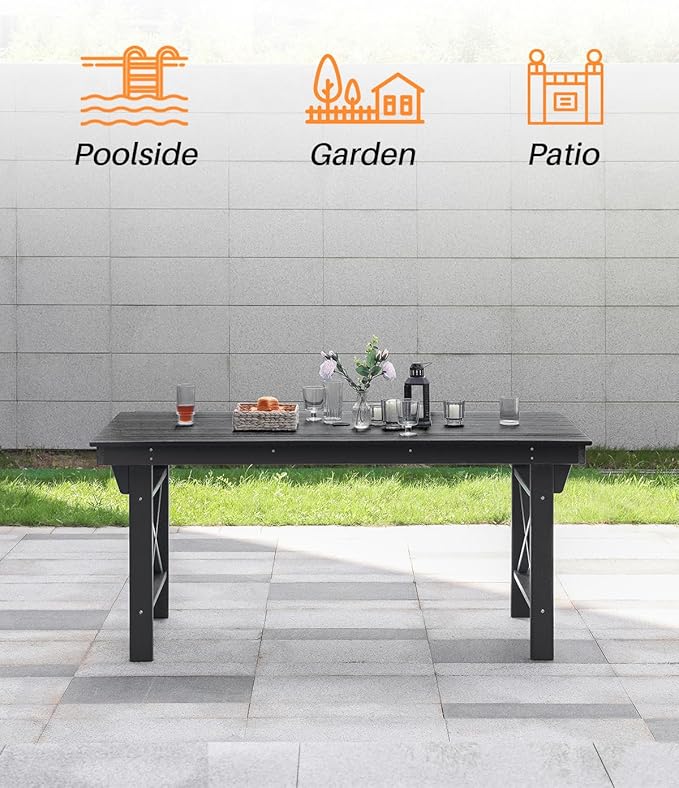 HDPE Outdoor Dining Table, 66.9” Rectangle Patio Dining Table for 6, All-Weather HDPE Outdoor Table with 2.2” Umbrella Hole, HDPE Patio Furniture for Deck, Backyard, Garden, Pool, Obsidian