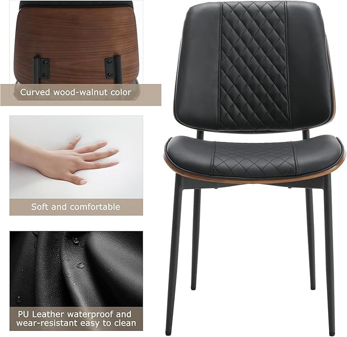 BV Dining Chairs Set of 2, PU Leather Armless Kitchen Chair in Modern Walnut Style, Mid Century Bentwood Side Chair with Metal Legs, Retro Accent Guest Chair for Kitchen Dining Room(Black)