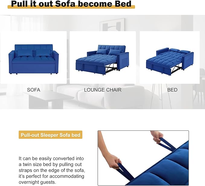 3 in 1 Sleeper Sofa Beds, Futon Sofa Bed for Living Room with Side Pocket, Sleepers Couch with Pullout Bed, Convertible Love Seat Sleepers Couch for Living Room, Bedroom, Small Space, Blue