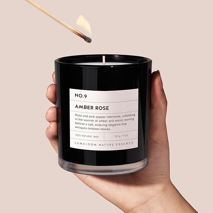 Amber & Rose Luxury Scented Candles, 9oz Soy Wax Candles for Home Scented, Rose, Wood, Amber Scent, Long Burning Time, Gifts for Women, Friends, Men, Sister, Mom, Teacher