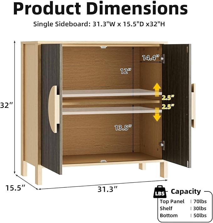 65 Inch TV Stand, Mid Century Modern Entertainment Center with Storage Cabinets & Adjustable Shelves, Media Console TV Credenza for Living Room, Dining Room, Hallway, Walnut
