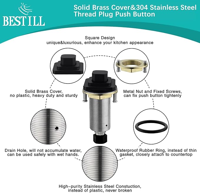 BESTILL Garbage Disposal Air Switch Kit, Square Raised Push Button Ideal for Long Nails, Cordless Sink Top Brass Switch for Food Waste Disposer, Matte Black, Compatible with all Garbage Disposals