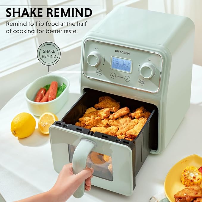 BUYDEEM F51 8-in-1 Air Fryer 4.2QT, Retro Countertop Airfryer Oven with Visible Window, Shake Reminder, One-touch Control with LCD Display, Cozy Greenish