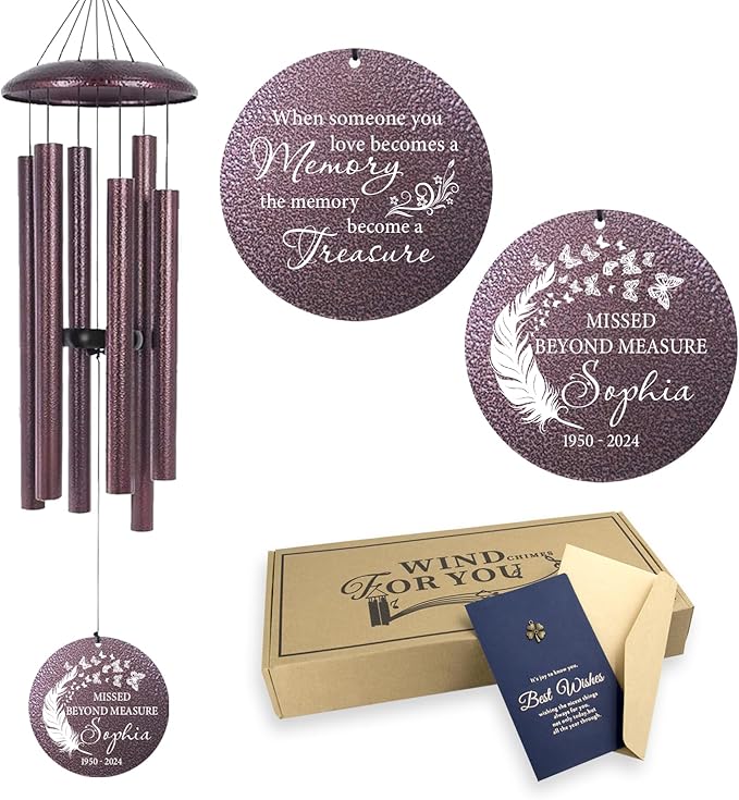 ASTARIN 36" Large Deep Tone Personalized Sympathy Wind Chimes, Memorial Wind Chime for Loss of Mother Father Loved One, Angel's Feather Bereavement Gifts Decor Outdoor Patio Garden(Produced in USA)