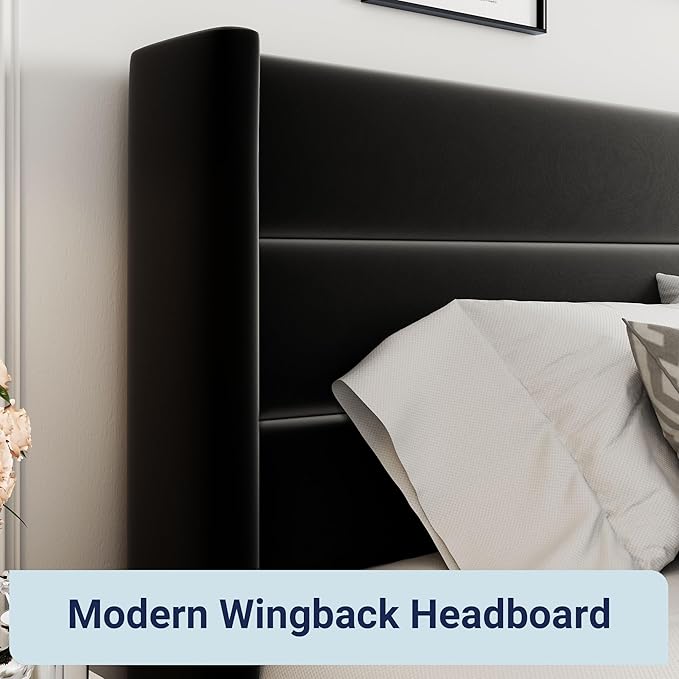 Allewie Queen Size Velvet Lift Up Storage Bed, Modern Wingback Headboard, Hydraulic Support, No Box Spring Needed, Black