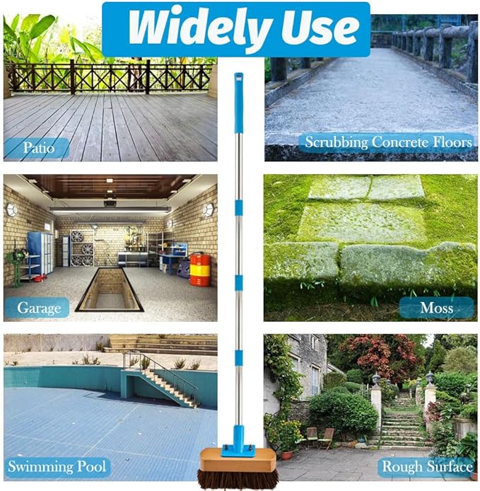 Heavy Duty Deck Brush with Long Handle - 60" Floor Scrub Brush with Stiff Natural Palmyra Bristles, Outdoor Scrubber Brushes for Cleaning Rough Surface, Concrete Floor, Patio, Garden, Sidewalk