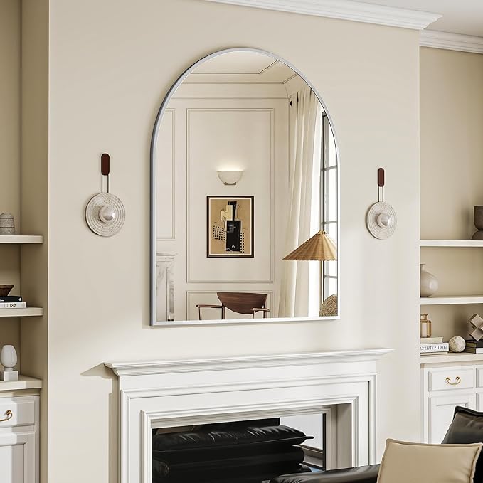 BEAUTYPEAK 32"x42" Arch Bathroom Mirror, Wall Mounted Vanity Metal Frame Mirror for Bedroom, Entryway, Living Room, Silver