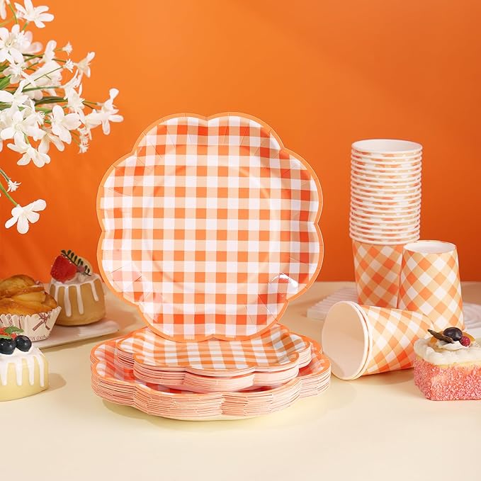 175 Pcs Orange and White Gingham Party Supplies - Orange Gingham Paper Plates and Napkins Sets Serve 25 - Scalloped Checkered Plates for Birthday Picnic Fall Halloween Thanksgivng Party Decorations