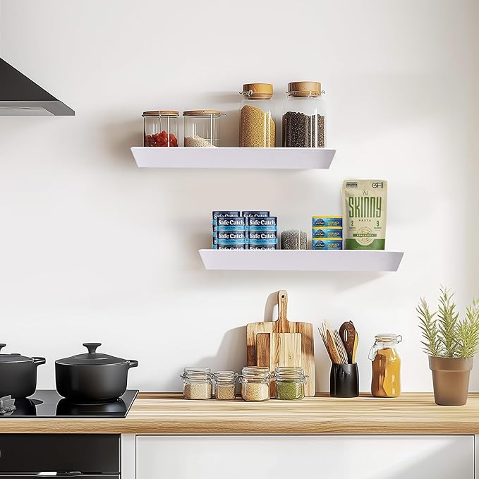 16"x6.8"x1.6" Slanted Floating Wall Shelves 2-Pack - Rustic White Finish, Heavy-Duty Solid Wood Design with Hidden Brackets - Perfect for Living Room, Kitchen, Bathroom, or Office