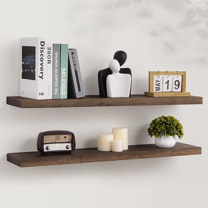 Axeman Floating Shelves for Wall, 8 Inch Deep Rustic Solid Elm Wood Wall Shelves for Storage, Wall Mounted Display Shelving with Invisible Heavy-Duty Metal Bracket, 36'' Width Set of 2, Walnut