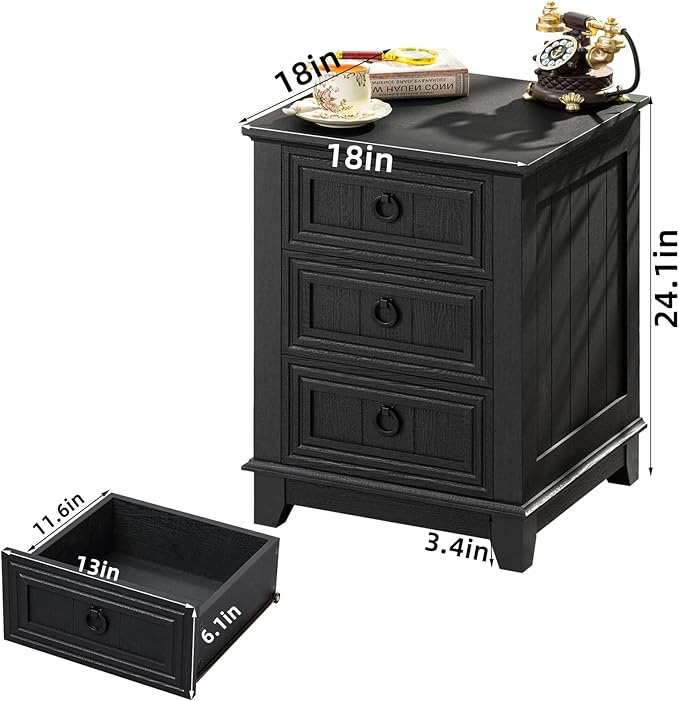 18" Farmhouse Night Stand with 3 Drawers, Wood End Table Dresser for Bedroom, Black Nightstand, Bed Side Table with Metal Handle, Bedside Cabinet for Bedroom Living Room, Closet