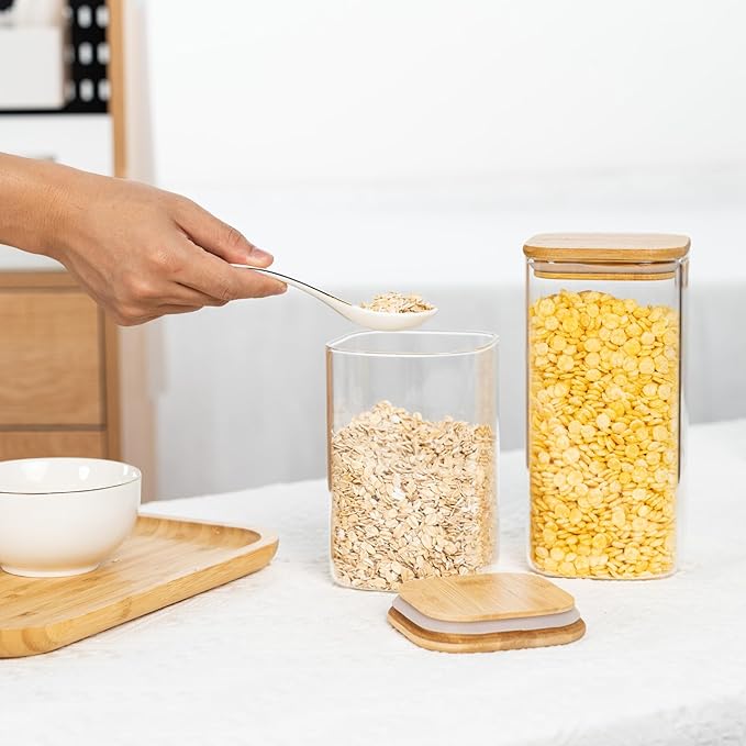41oz Airtight Glass Square Storage Canister with Bamboo Lid Set of 4 (1200ml) Container Stackable Jar, Kitchen Canister for Pantry Noodles, Flour and Coffee beans (‎with Black Lable)