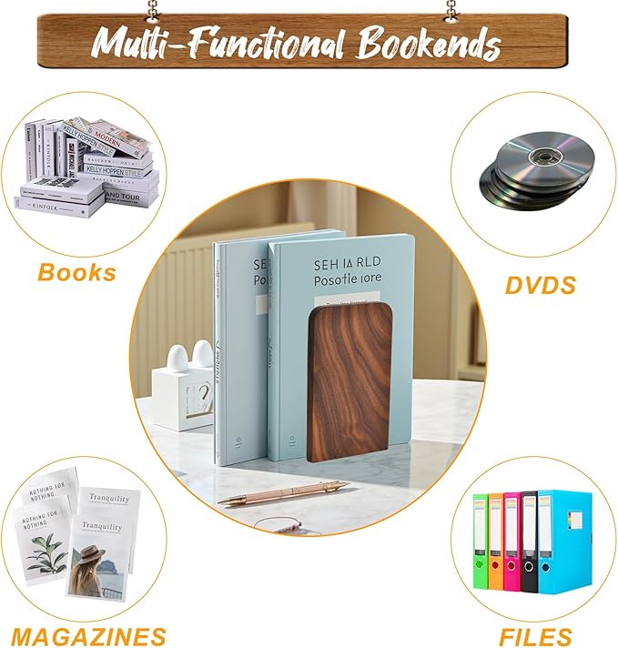 Book Ends, Black Walnut Wooden Bookends for Shelves - Heavy Duty Non-Slip Book Organizers, Upgraded Decorative Bookend Holders for Home, Kitchen, Office, Set of 2, Medium