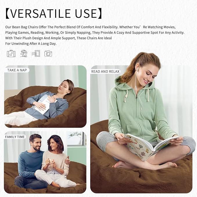 Bean Bag Chair for Adults 6FT,Soft Removable Cover for Teens/Girls Bedroom,Fluffy Giant Round Floor Beanbag Lounger Chairs (No Filler,Deep Coffee)