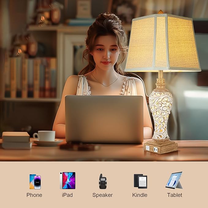 28.5" Rustic Table Lamp Set of 2 For Living Room Farmhouse Lamps for Bedroom, Bedside Lamps with Night Lights And USB C+A Charging Ports for Decor Office Study Hotel (Bulbs Included)