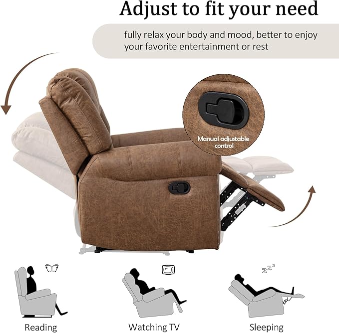 CANMOV Manual Reclining Sofa Set, Faux Leather Manual Recliner Sofa and Recliner Chair with Overstuffed Armrest for Living Room,Bedroom Furniture,Office,Nut Brown
