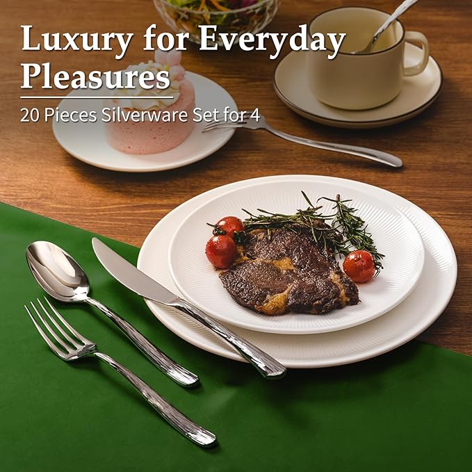 Aisoso 20-Piece High-End Silverware Set with Stone Patterned Handle Mirror Finished Stainless Steel Serving Utensils for 4, Durability and Dishwasher Safe for Home, Restaurant, Weddings