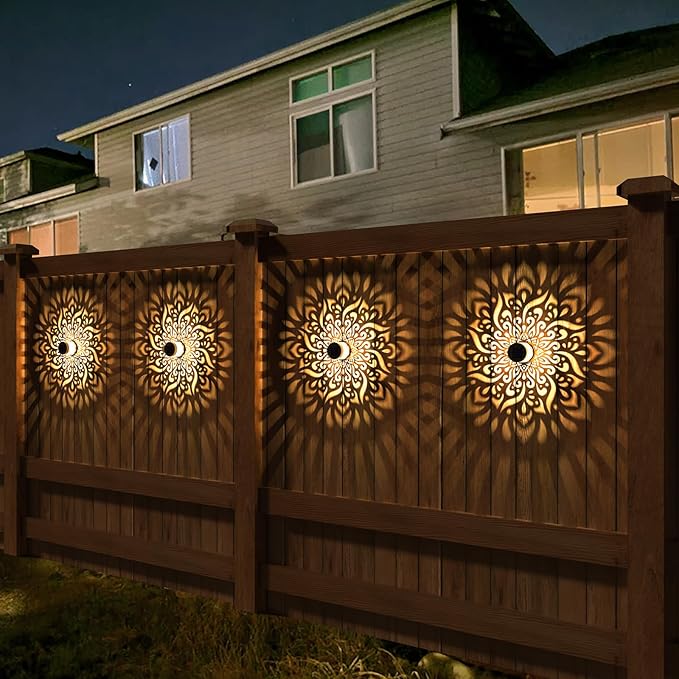 2 Pack Solar Fence Lights Metal Solar Powered Outdoor Deck Step Wall Lights Mandala Theme Waterproof Fence Light for Garden Post Patio Backyard Yard Decor (2 Pack)