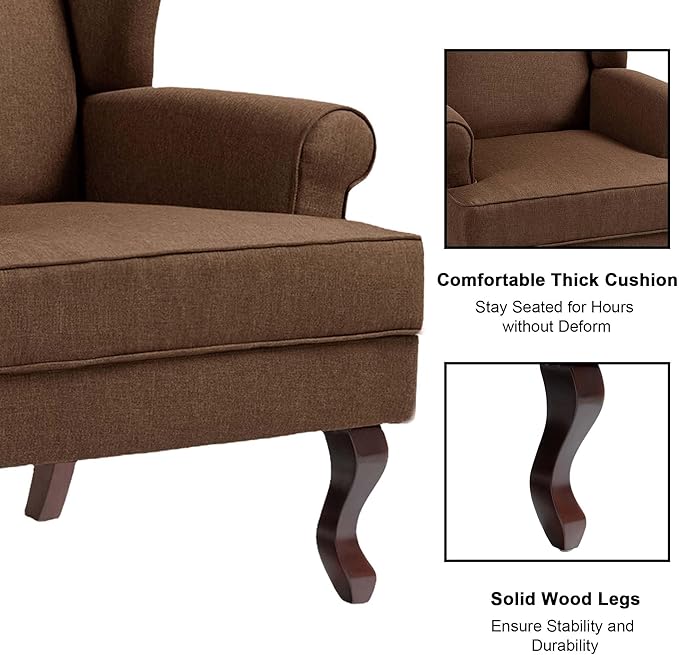 Accent Chair, High Back Upholstered Armchair with High Resilience Sponge & Wood Legs, Mid-Century Modern Comfy Single Sofa Reading Chairs for Living Room, Bedroom (Brown, Set of 1)