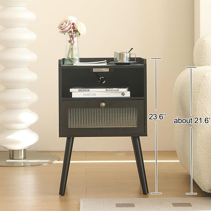 AWASEN Black Nightstand with Charging Station, Modern Bedside Table with Glass Decorative Drawer, Small End Table Side Table with 2 Tiers Storage Space, for Bedroom, Office and Small Space (Black)