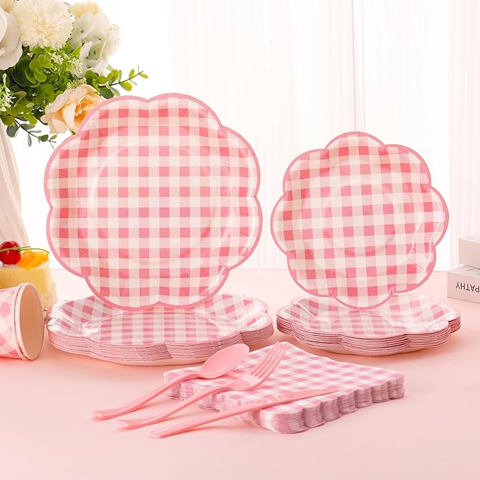 350 Pcs Pink Gingham Plates and Napkins Party Supplies - Pink and White Checkered Plates Sets Serve 50 Guests - Scalloped Gingham Paper Plate for Birthday Wedding Picnic Party Decorations